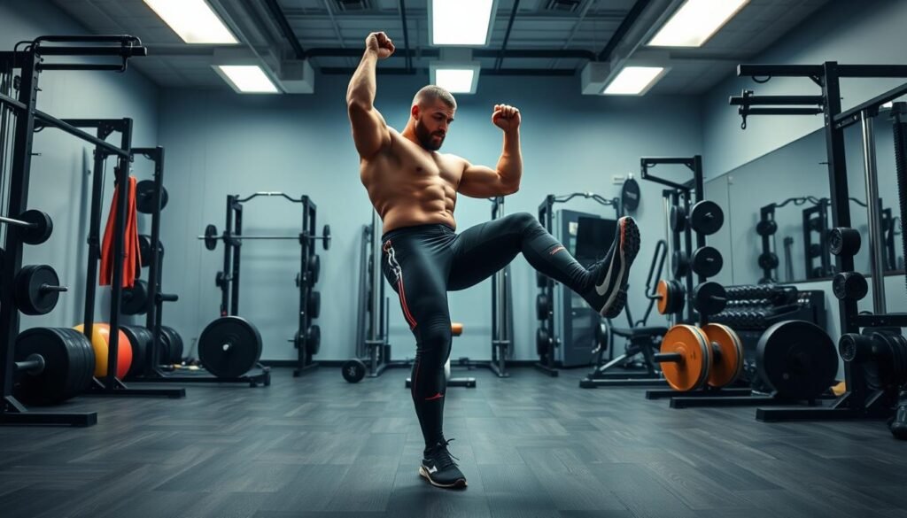 Generate An Image Of A Wrestler Performing A Leg Circuit Workout At Home.