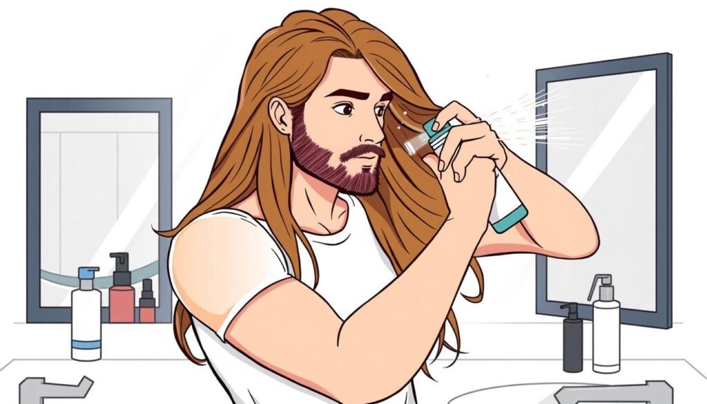 Image Of A Man With Long Hair Using A Heat Protectant Spray Before Blow-Drying