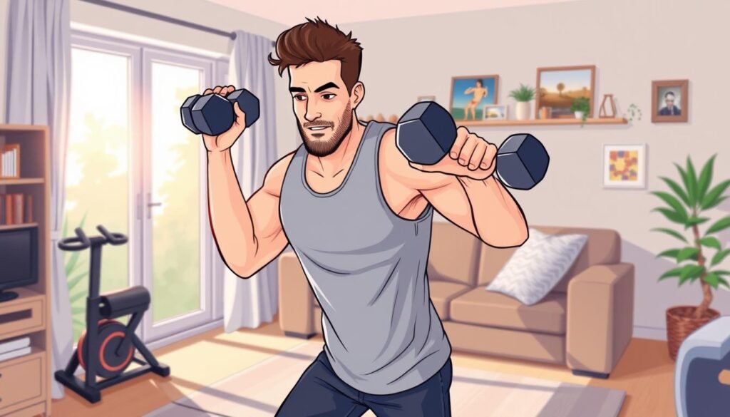 Image Of A Person Performing Dumbbell Curls At Home Image Of A Person Performing Dumbbell Curls At Home