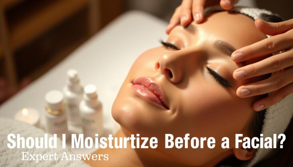 Intricate Facial Treatment Scene, Soft Lighting Illuminating Supple Skin, A Serene And Rejuvenating Atmosphere. In The Foreground, A Woman'S Face, Eyes Closed, As Skilled Hands Gently Massage Her Temples, Promoting Relaxation. The Middle Ground Showcases Various Skincare Products Labeled &Quot;Fit Glow Guide&Quot;, Hinting At The Luxurious Nature Of The Treatment. The Background Softly Blurs, Emphasizing The Tranquil, Spa-Like Setting. A Calming, High-Quality Image That Captures The Essence Of The &Quot;Should I Moisturize Before A Facial? Expert Answers&Quot; Section.