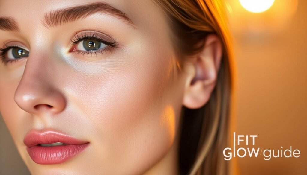 Perfectly Glowing, Poreless Skin In Soft Focus. Closeup Of A Woman'S Face, Luminous And Hydrated, With A Healthy Radiant Sheen. Subtle Highlights On The Forehead, Cheeks, And Nose, Creating A Natural, Dewy Effect. Smooth, Even Complexion With A Subtle, &Quot;No-Makeup&Quot; Look. Backlit By Warm, Diffused Lighting, Casting A Flattering Glow. Minimal Makeup - Just A Touch Of Tinted Moisturizer, Mascara, And Lip Balm. Fit Glow Guide Branding Subtly Integrated Into The Background.
