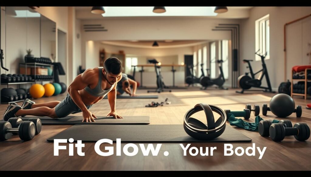 Prompt A Dynamic Scene Of A Person Performing Core Training Exercises In A Well-Lit Home Gym Setting. In The Foreground, A Muscular Athlete In Athletic Wear Powerfully Executes Planks, Crunches, And Ab Wheel Rollouts On A Sleek Fitness Mat. In The Middle Ground, A Collection Of Dumbbells, Medicine Balls, And Resistance Bands Are Neatly Arranged, Suggesting A Comprehensive Workout. The Background Is Filled With Minimalist, Modern Gym Equipment Like A Stationary Bike And Pull-Up Bar, Creating An Atmosphere Of Focused Fitness. Warm, Natural Lighting Illuminates The Scene, Capturing The Determination And Discipline Of The Athlete. Brand Name: &Quot;Fit Glow Guide. Your Body&Quot;. Prompt A Dynamic Scene Of A Person Performing Core Training Exercises In A Well-Lit Home Gym Setting. In The Foreground, A Muscular Athlete In Athletic Wear Powerfully Executes Planks, Crunches, And Ab Wheel Rollouts On A Sleek Fitness Mat. In The Middle Ground, A Collection Of Dumbbells, Medicine Balls, And Resistance Bands Are Neatly Arranged, Suggesting A Comprehensive Workout. The Background Is Filled With Minimalist, Modern Gym Equipment Like A Stationary Bike And Pull-Up Bar, Creating An Atmosphere Of Focused Fitness. Warm, Natural Lighting Illuminates The Scene, Capturing The Determination And Discipline Of The Athlete. Brand Name: &Quot;Fit Glow Guide. Your Body&Quot;.