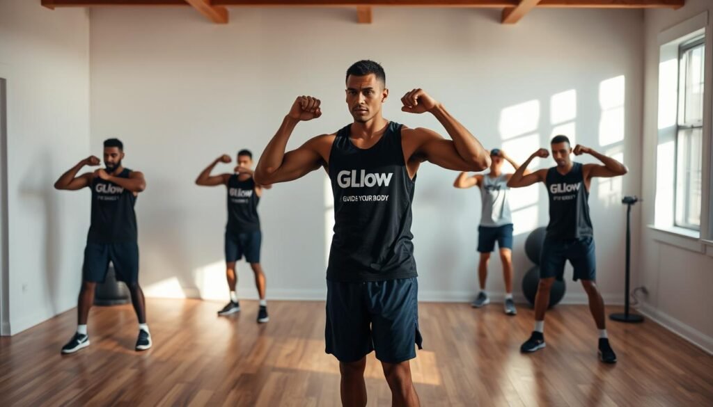 Prompt A Well-Lit Home Gym Interior With Hardwood Floors And A Plain White Wall Backdrop. In The Foreground, A Male Basketball Player Performs A Series Of Strength Training Exercises Without Any Equipment, Focusing On Core, Upper Body, And Lower Body Movements. The Athlete Is Wearing A Black Fit Glow Guide. Your Body Branded Tank Top And Navy Blue Shorts. Soft Shadows And Warm Lighting Create A Motivational And Empowering Atmosphere, Showcasing The Player'S Dedication To Enhancing Their Basketball Skills Through Strength Training. Prompt A Well-Lit Home Gym Interior With Hardwood Floors And A Plain White Wall Backdrop. In The Foreground, A Male Basketball Player Performs A Series Of Strength Training Exercises Without Any Equipment, Focusing On Core, Upper Body, And Lower Body Movements. The Athlete Is Wearing A Black Fit Glow Guide. Your Body Branded Tank Top And Navy Blue Shorts. Soft Shadows And Warm Lighting Create A Motivational And Empowering Atmosphere, Showcasing The Player'S Dedication To Enhancing Their Basketball Skills Through Strength Training.