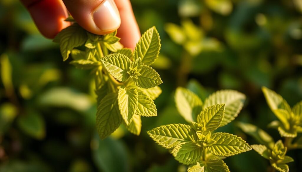 Sourcing Lemon Balm Leaves: A Close-Up View Of Fresh, Vibrant Green Lemon Balm Leaves Being Carefully Plucked From A Flourishing Plant, Set Against A Soft, Blurred Natural Background Of Verdant Foliage. Warm, Diffused Lighting Illuminates The Delicate Leaves, Highlighting Their Intricate Textures And Subtle Hues. The Composition Emphasizes The Quality And Origin Of The Key Ingredient, Conveying A Sense Of Care And Attention To Detail. Fit Glow Guide