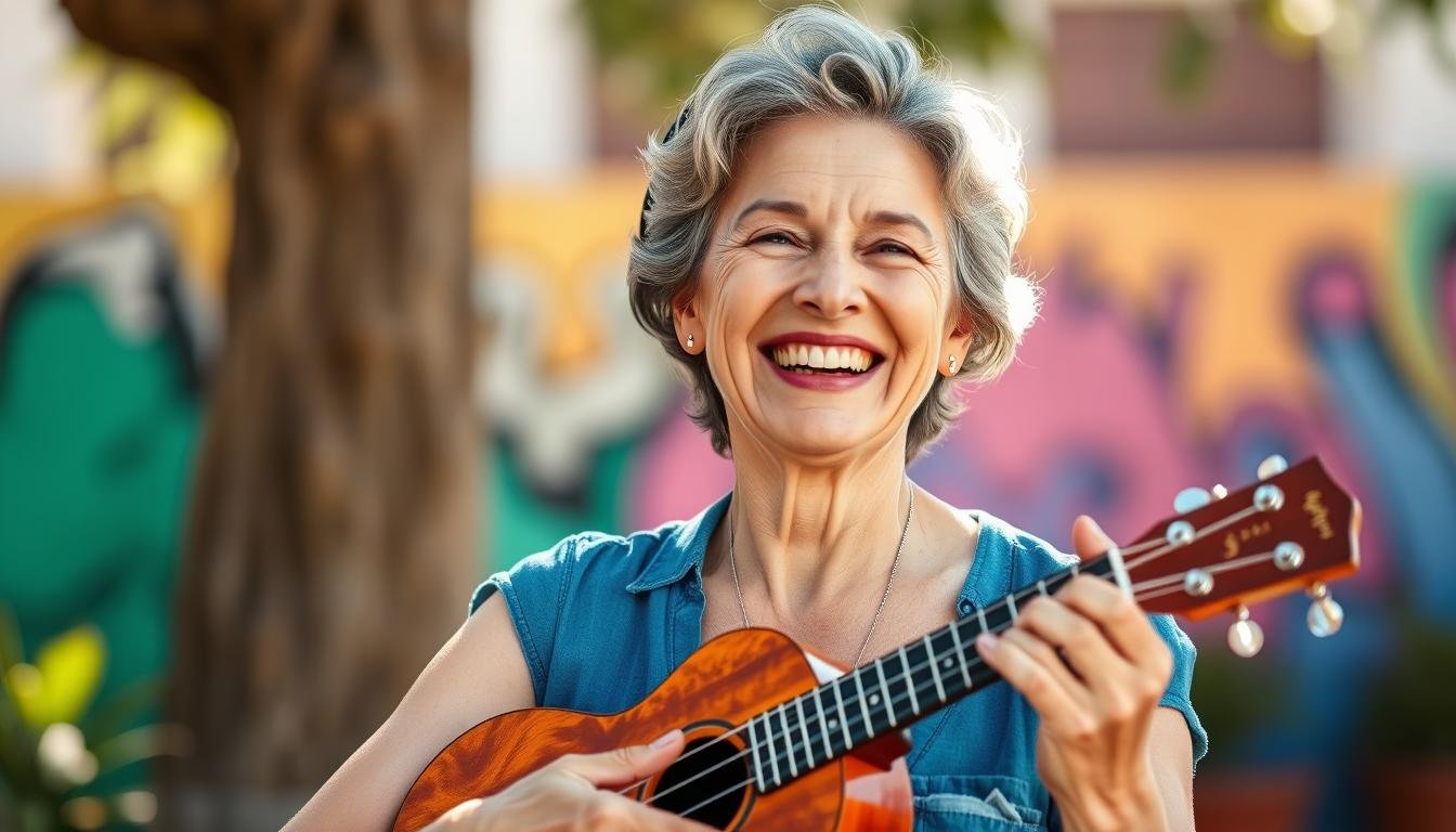 An Image Of A Woman In Her 50S Holding A Ukulele And Smiling