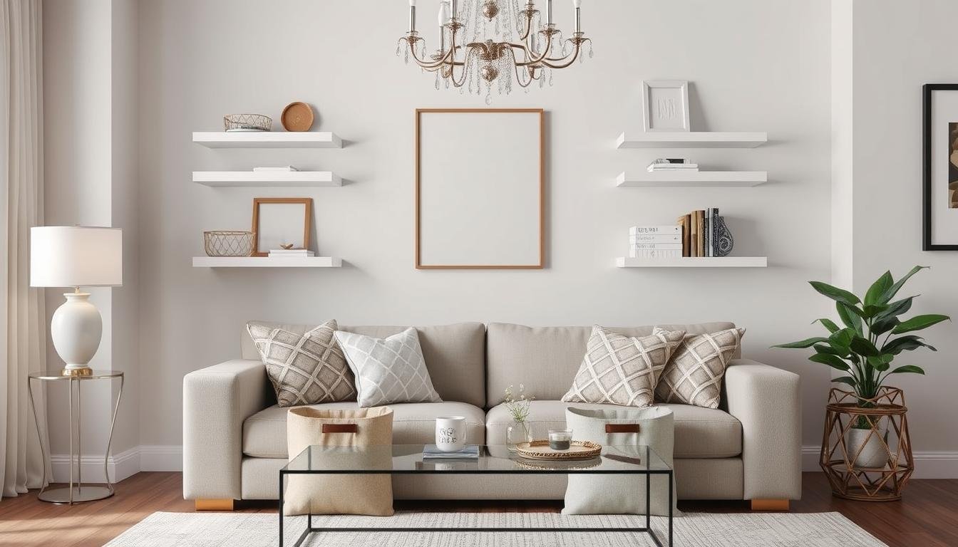 Generate An Image Of A Well-Organized Living Room With Decorative Storage Bins And Shelves