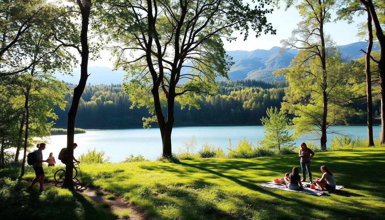 A Peaceful Forest Glade, Sunlight Filtering Through The Lush Foliage. In The Foreground, A Group Of Friends Enjoying Beginner-Friendly Outdoor Activities - A Hiker Mapping Their Trail, A Cyclist Navigating A Winding Path, And A Group Of Friends Setting Up A Picnic Blanket. The Middle Ground Features A Serene Lake, Its Calm Waters Reflecting The Surrounding Nature. In The Background, Rolling Hills And Distant Mountains Create A Breathtaking Landscape. The Overall Scene Exudes A Sense Of Tranquility And Adventure, Inviting The Viewer To Explore The Fit Glow Guide'S Beginner-Friendly Outdoor Hobbies.