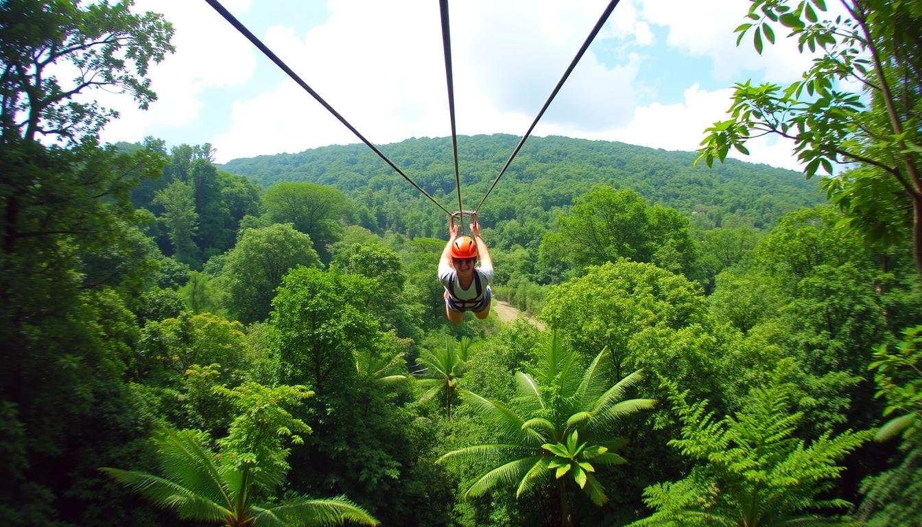 Zip Lining Experiences Near Me With A Person Zip Lining Through A Forest Canopy