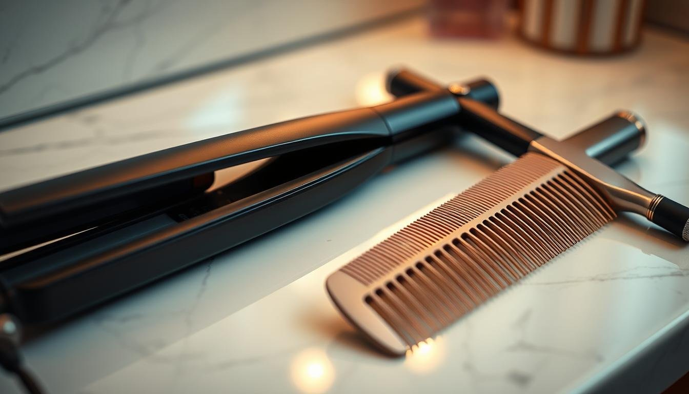 Generate An Image Of Hair Styling Tools Including A Flat Iron, Curling Wand, And Comb.