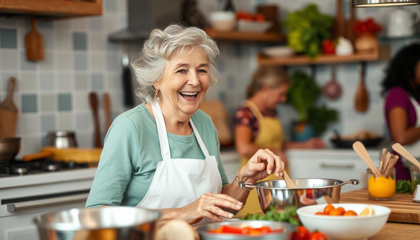 An Image Of A Cooking Class In Session With A Senior Woman Actively Participating