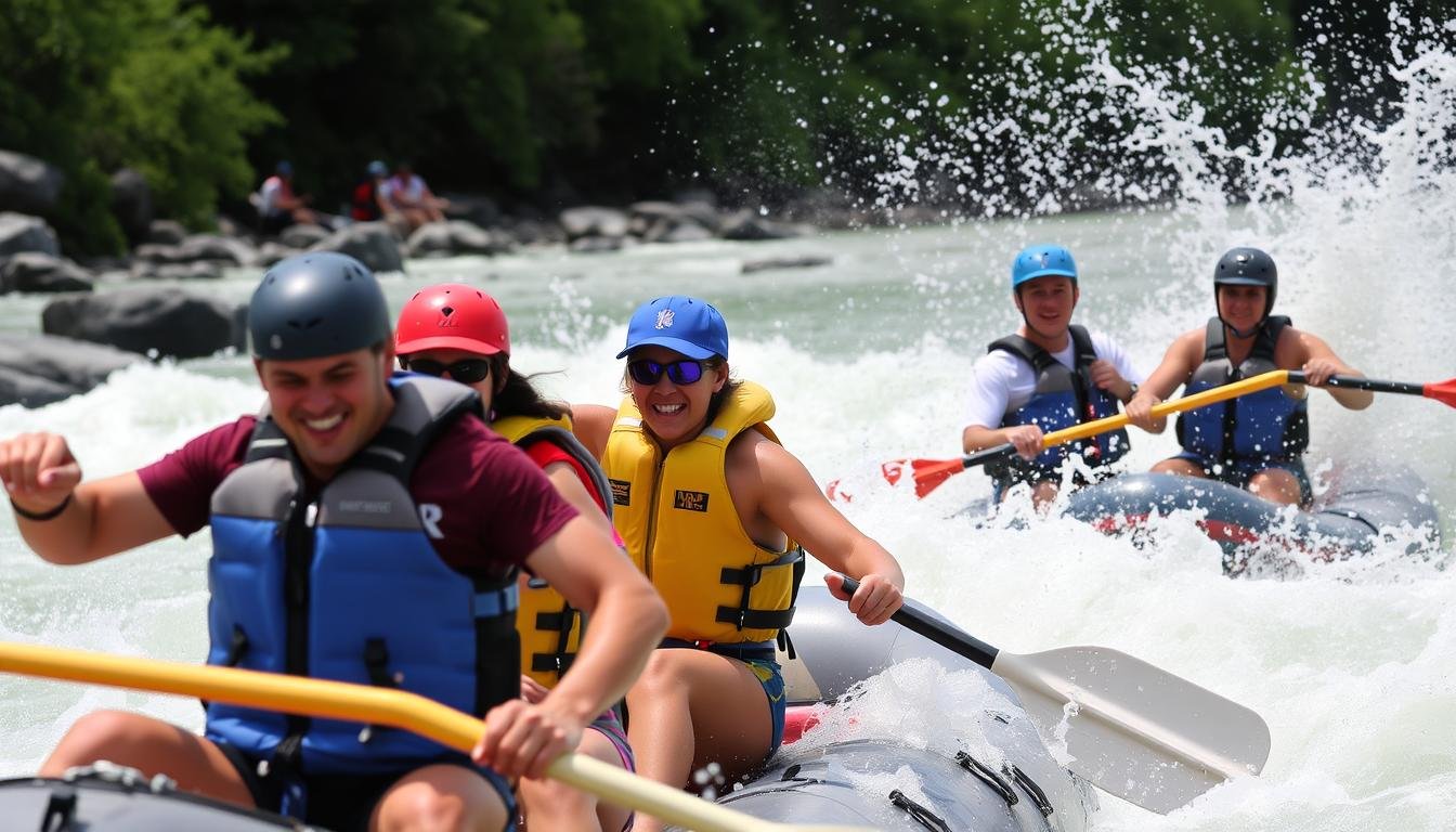 Guided White-Water Rafting Tours With A Group Navigating Rapids