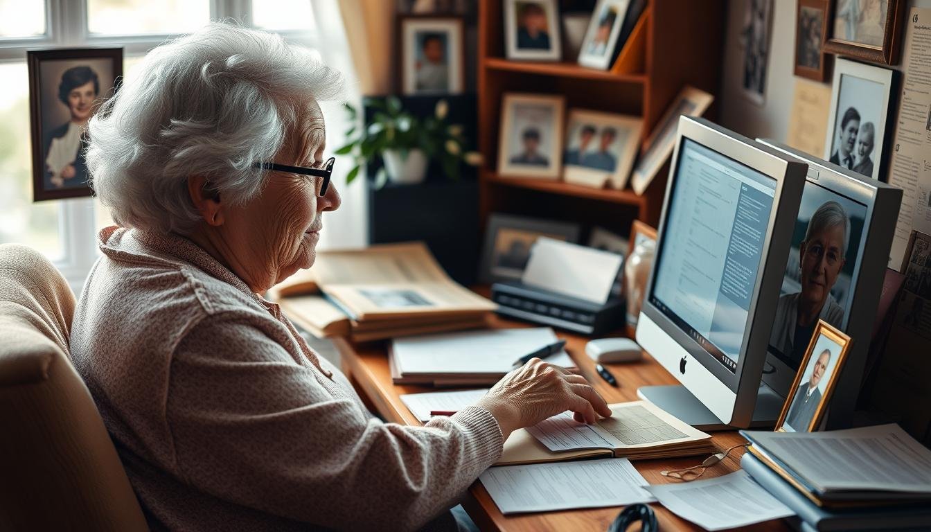 Generate An Image Of A Senior Woman Researching Genealogy On A Computer, Surrounded By Family Photos And Documents.