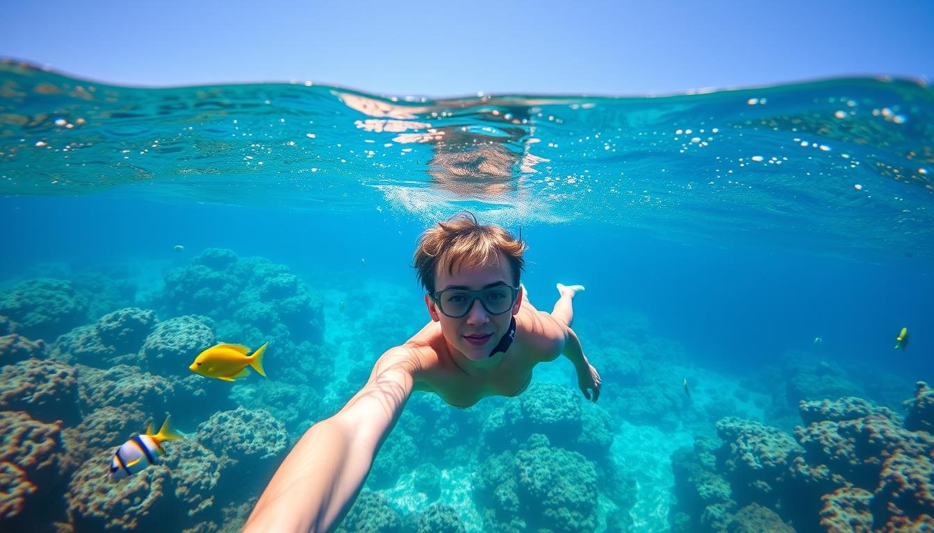 Image Of A Person Snorkeling In Clear Waters With Marine Life