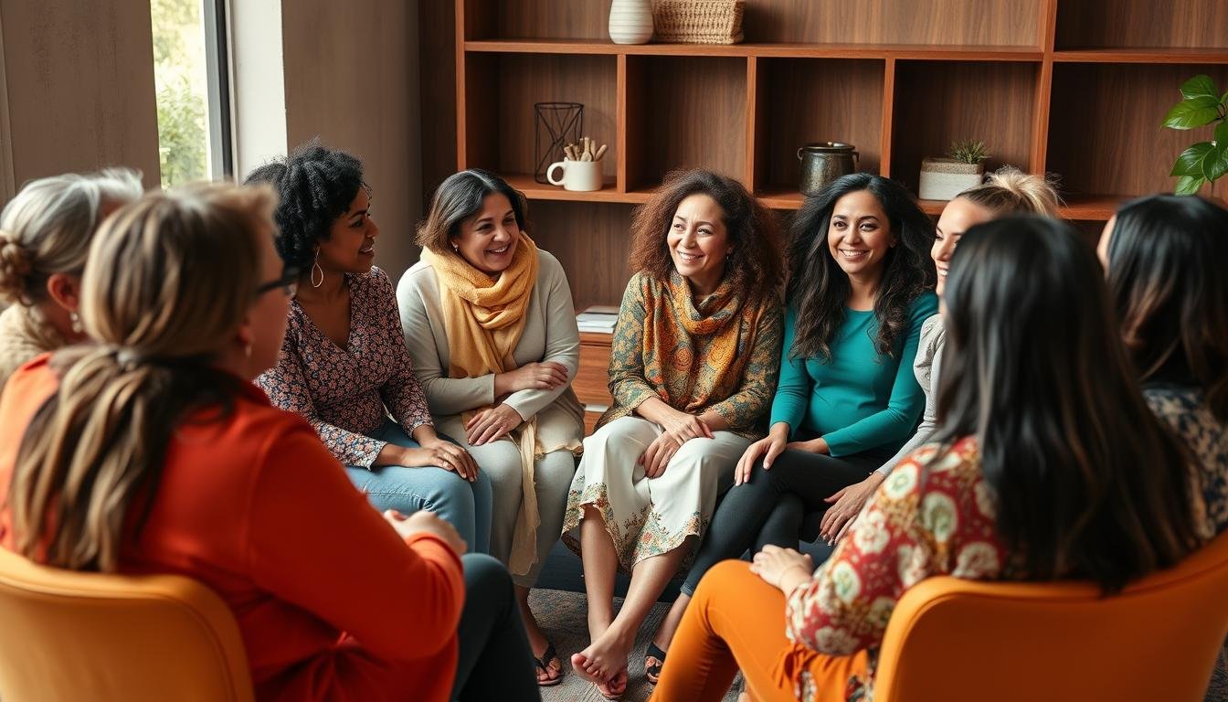 Generate An Image Of A Group Of Women From Different Age Groups And Backgrounds Sitting In A Circle, Engaged In A Lively Discussion.