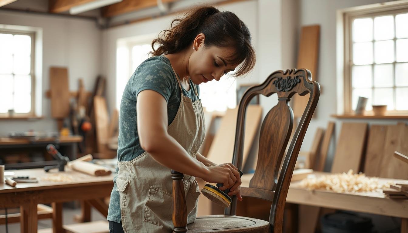 Generate An Image Of A Woman Sanding An Old Wooden Chair