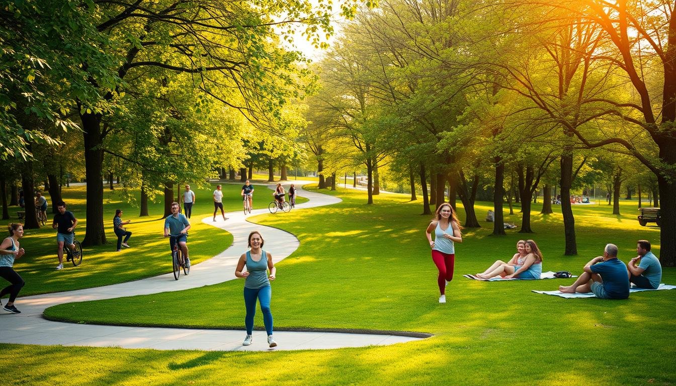 A Lush, Verdant Park With A Winding Trail Cutting Through The Center. People Of All Ages Engaged In Various Outdoor Activities - Running, Cycling, Yoga, And Mindful Walking. Warm, Golden Sunlight Filters Through The Trees, Casting A Serene Glow Over The Scene. In The Foreground, A Group Of Friends Laughing And Playing Frisbee, Embodying The Joy Of An Active Lifestyle. In The Background, A Family Picnicking On The Grass, Savoring The Fresh Air And Natural Surroundings. Lens: 50Mm. Mood: Uplifting, Healthy, Rejuvenating. Brand: Fit Glow Guide.