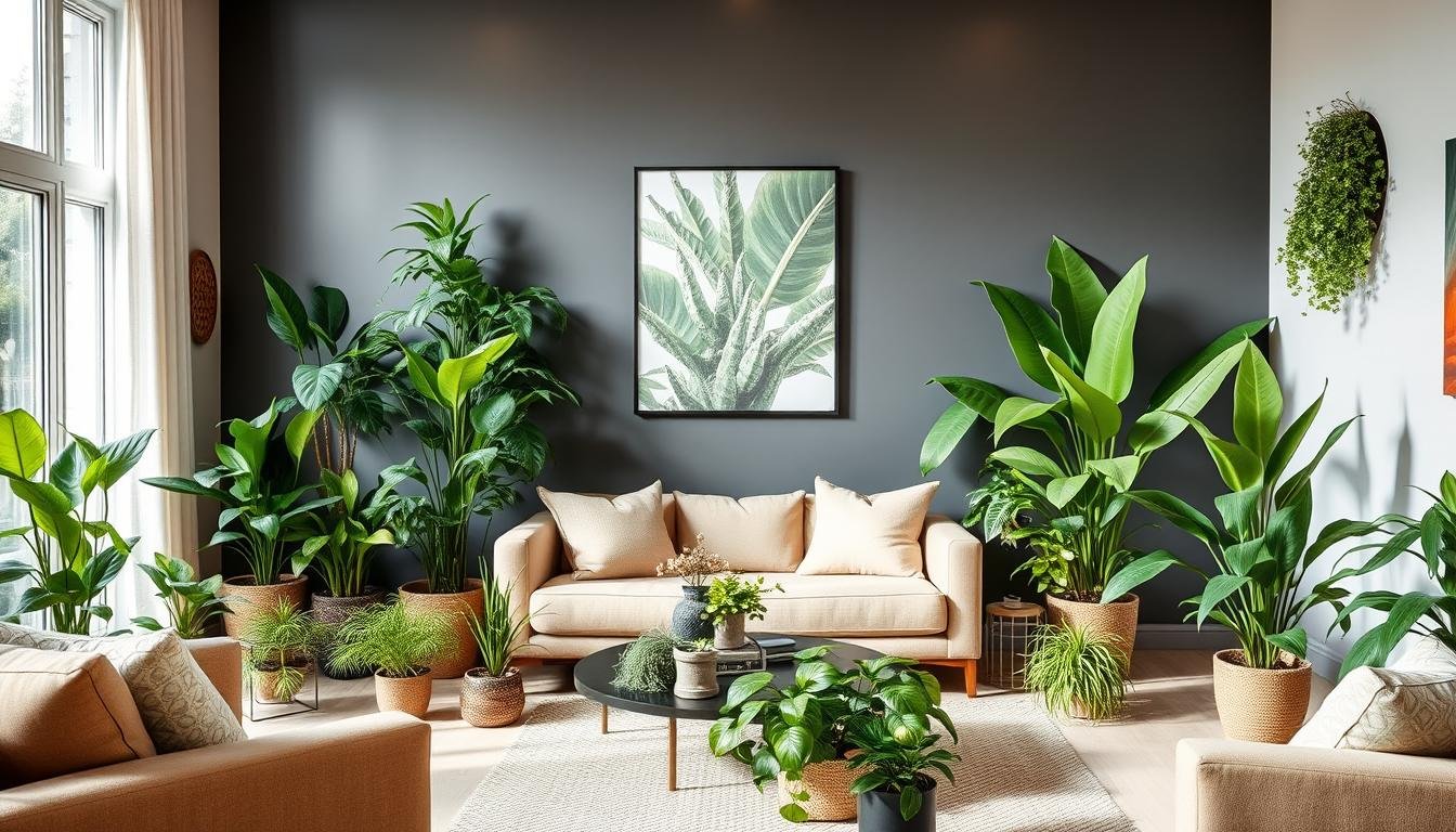 An Image Of A Variety Of Easy-Care Houseplants In A Modern Living Room Setting.