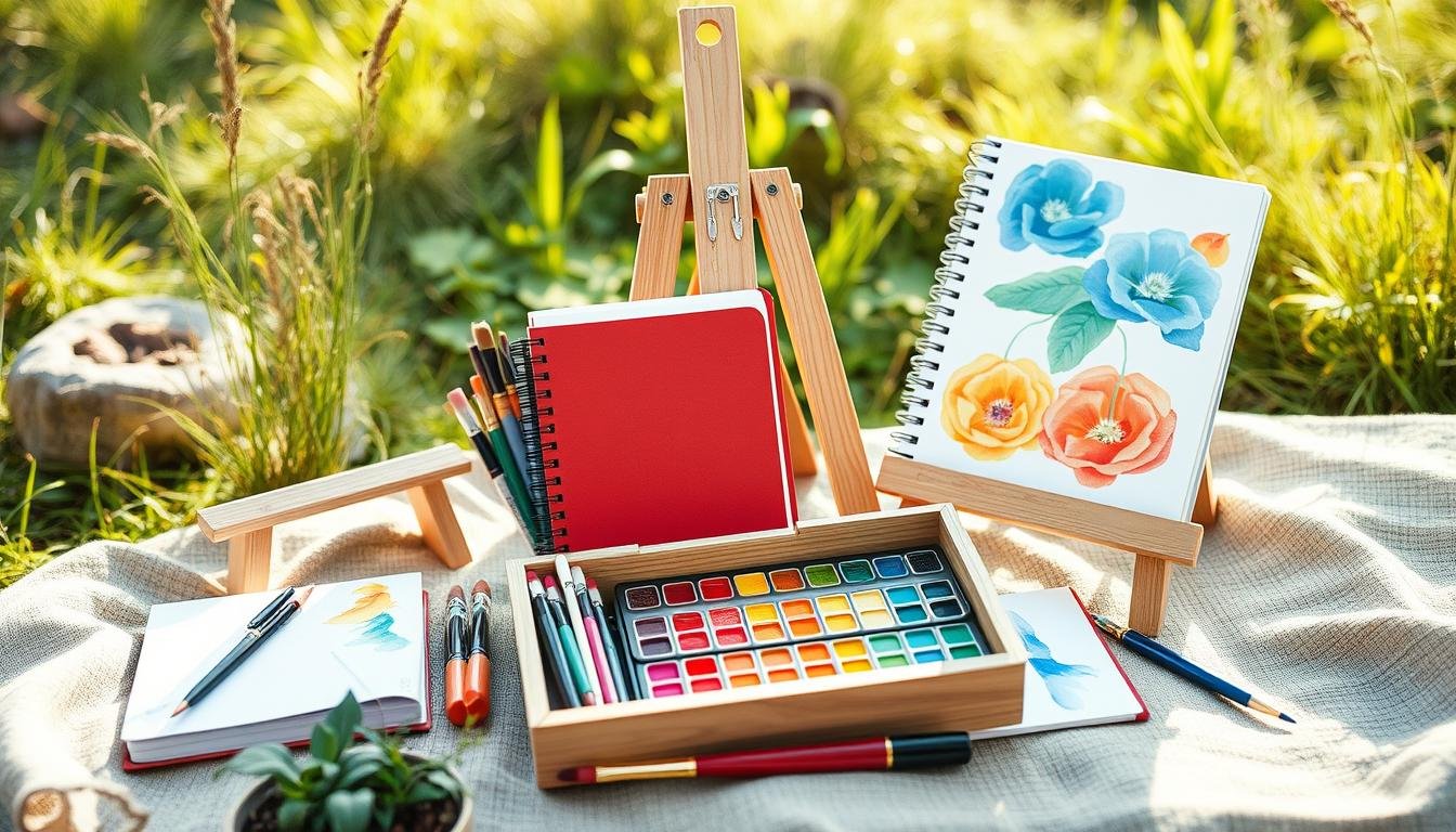 Generate An Image Of A Portable Art Supply Kit For Outdoor Painting, Including Watercolors, Sketchbook, And Easel.