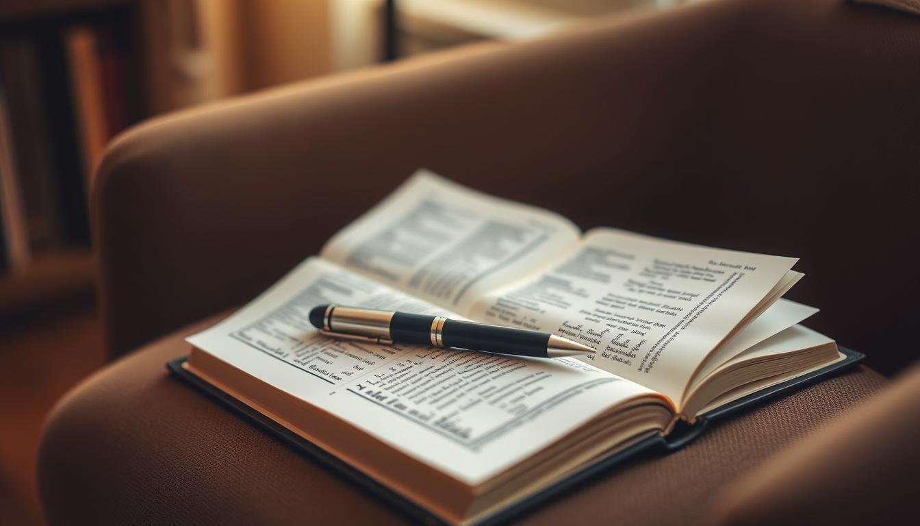 Generate An Image Of A Journal With A Pen And A Comfortable Reading Chair.