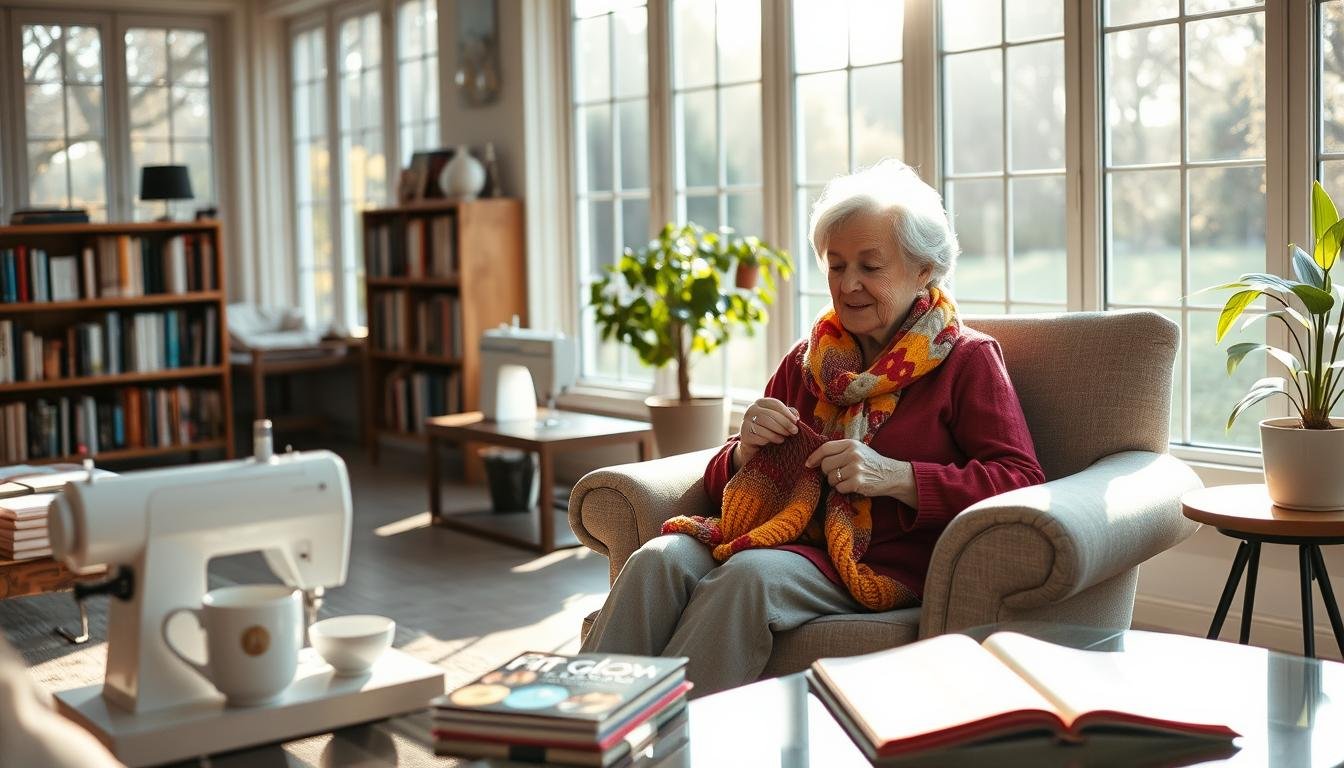 A Serene, Cozy Living Room With Large Windows Overlooking A Tranquil Garden. In The Foreground, A Retired Woman Sits In A Plush Armchair, Knitting A Colorful Scarf. Sunlight Filters In, Casting A Warm Glow On Her Focused Expression. On The Side Table, A Cup Of Tea And A Book Await. In The Middle Ground, A Sewing Machine And Bolts Of Fabric Hint At Her Love Of Crafting. The Background Features Bookshelves Lined With Volumes, A Potted Plant, And A Fit Glow Guide Magazine On The Coffee Table, Suggesting A Range Of Hobbies And Interests. The Overall Scene Conveys A Sense Of Contentment, Relaxation, And The Joys Of Retirement.
