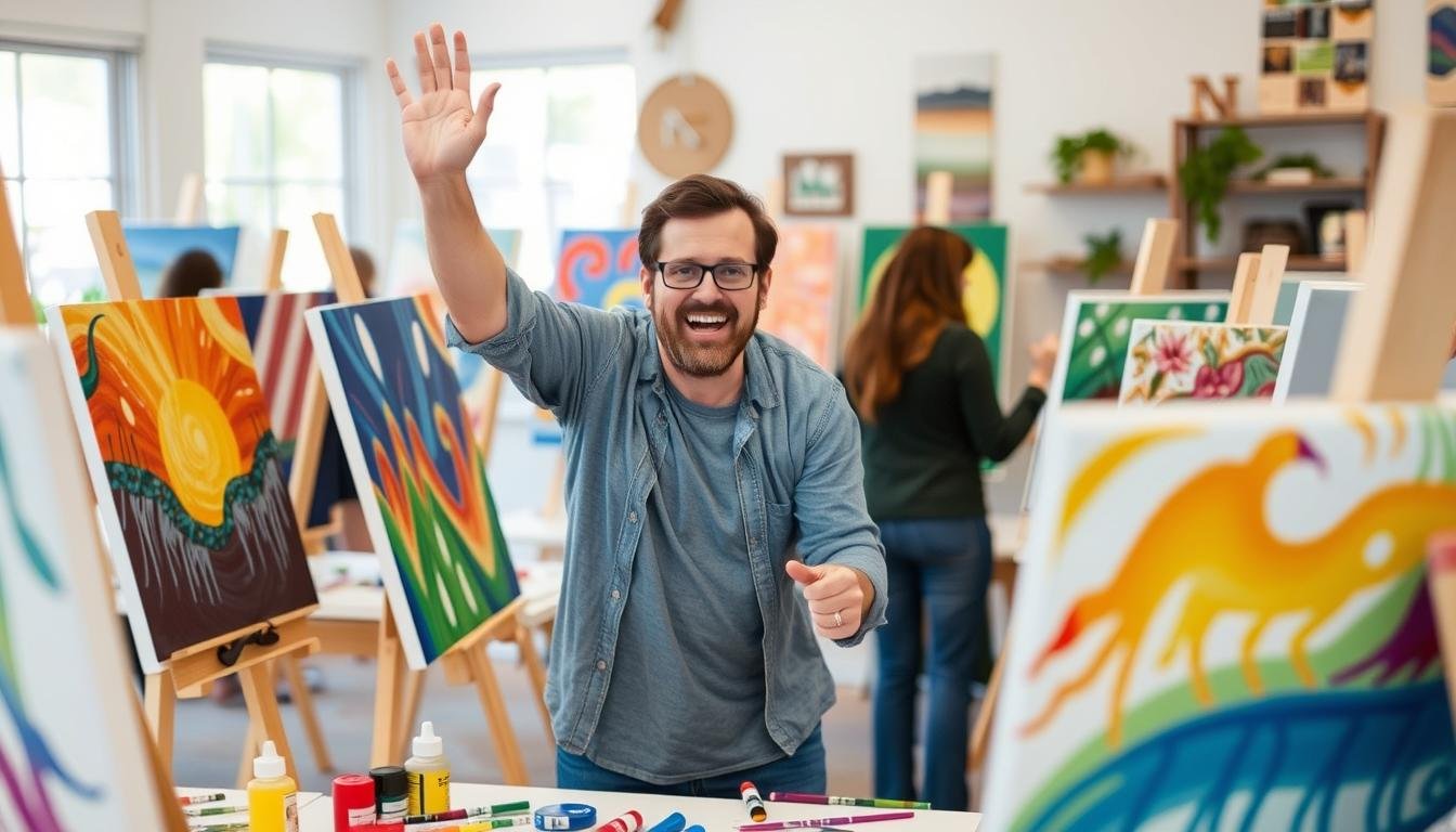 An Adult Taking A Beginner Painting Class, Surrounded By Canvases And Paints.