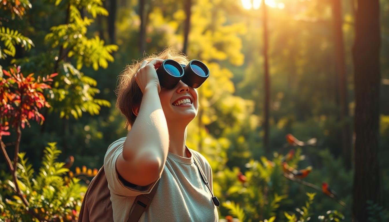 Picture Of A Person Using Binoculars For Birdwatching In A Lush Forest.
