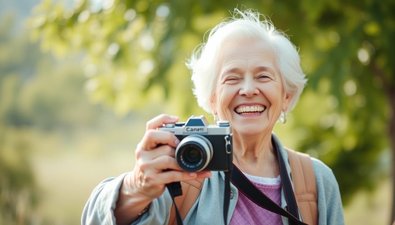 Generate An Image Of A Senior Woman Holding A Camera And Taking A Photo Outdoors.