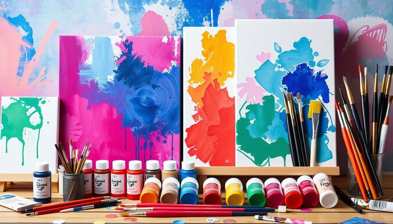 Generate An Image Of An Acrylic Painting Starter Kit, Including Canvases, Paints, And Brushes.