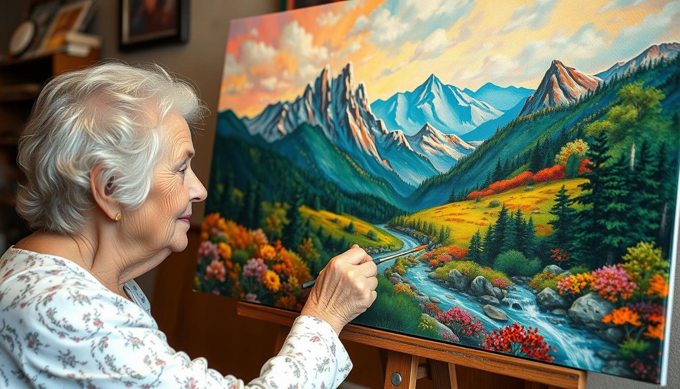 An Older Woman Painting A Beautiful Landscape With Vibrant Colors