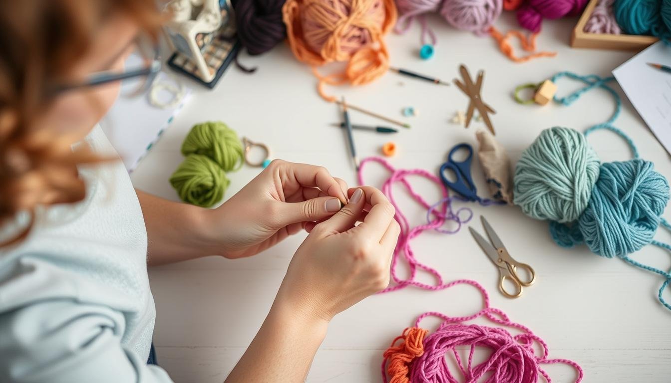 A Person Working On A Diy Craft Kit, Surrounded By Yarn, Needles, And Other Crafting Supplies.