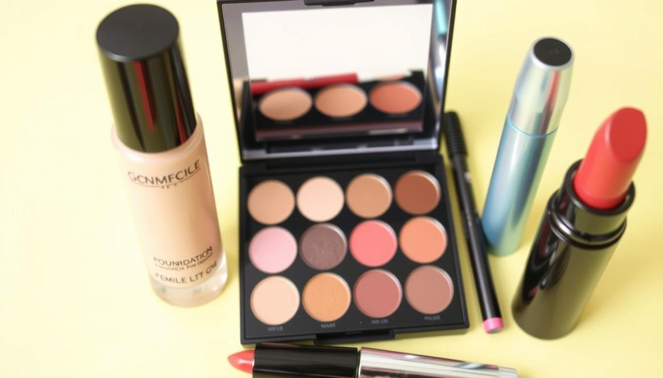 Generate An Image Of A Makeup Kit For Beginners Including Foundation, Eyeshadow Palette, Mascara, And Lipstick.
