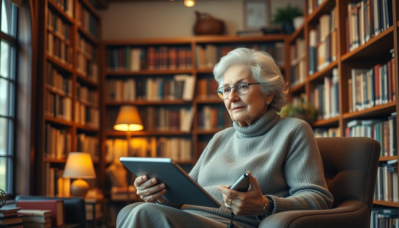 Generate An Image Of A Senior Woman Sitting In A Library Surrounded By Books, With A Tablet In Hand.