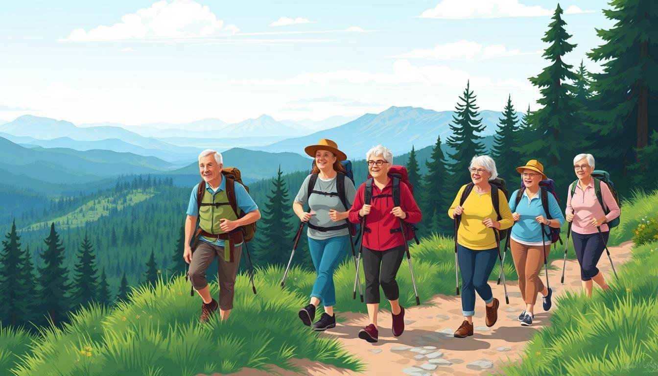 Image Of A Group Of Seniors Hiking On A Scenic Trail With A Beautiful Landscape.