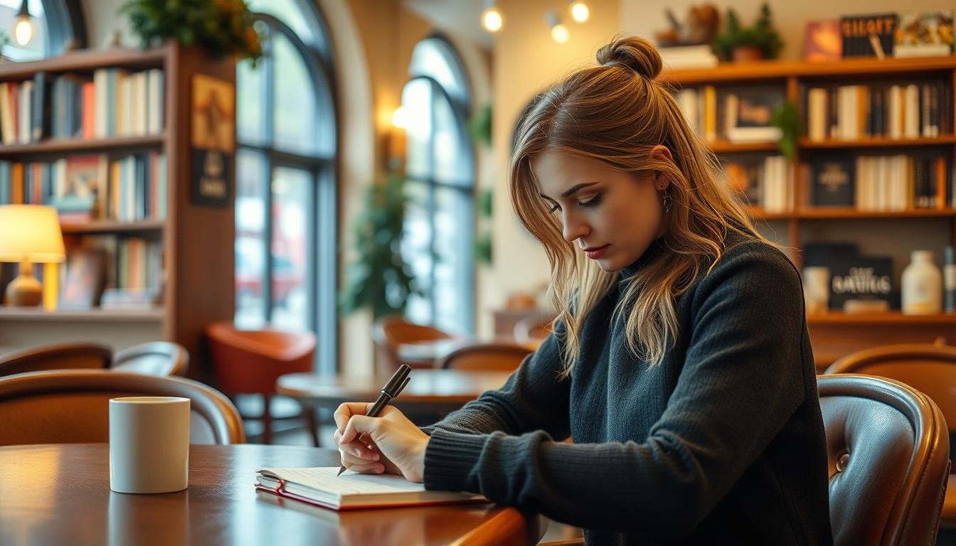 A Woman Journaling In A Cozy Caf&eacute;, Surrounded By Books