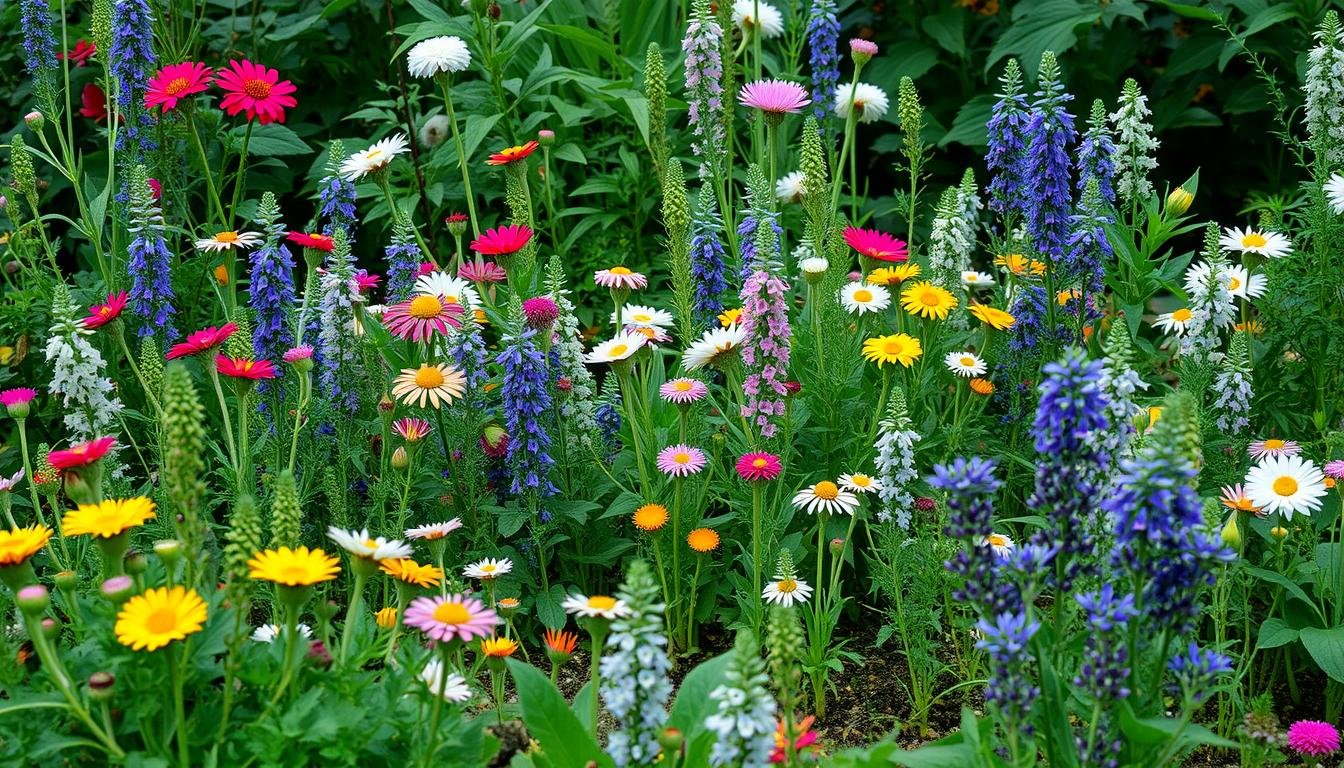 Create An Image Of A Serene Garden With A Variety Of Flowers And Herbs, Surrounded By Lush Greenery.