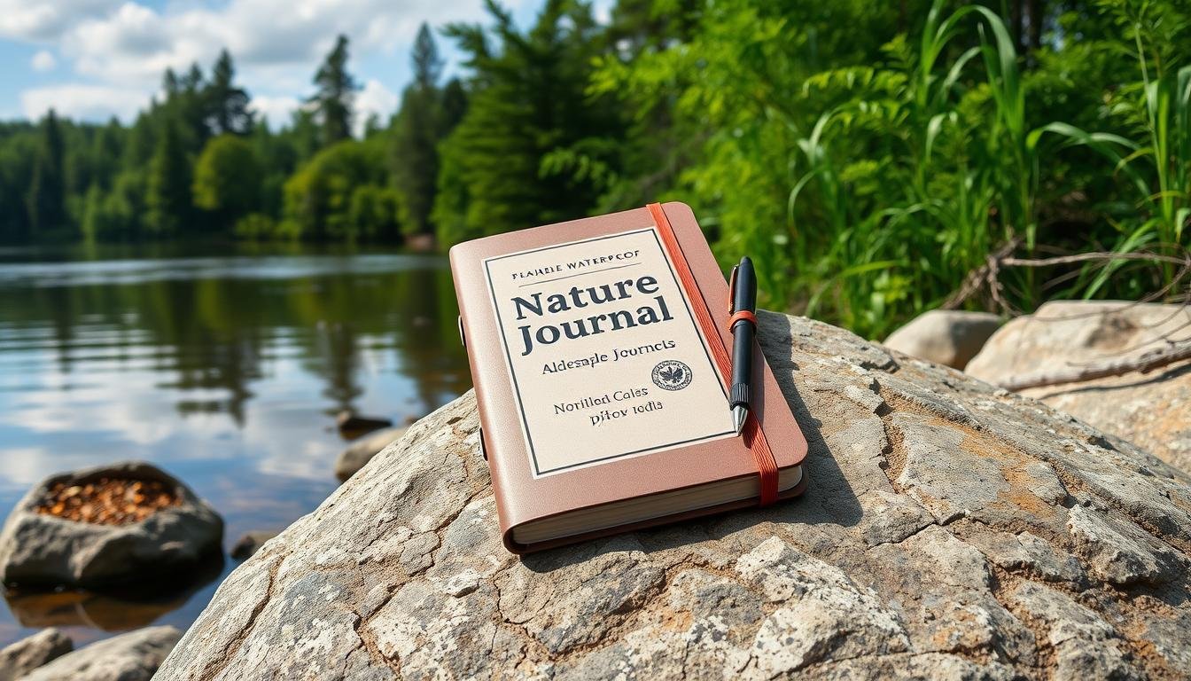 Generate An Image Of A Waterproof Nature Journal With A Pen, Placed On A Rock Near A Serene Lake.