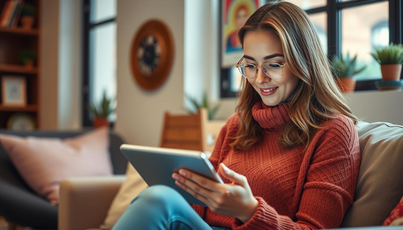 Generate An Image Of A Woman Using A Language Learning App On Her Tablet.
