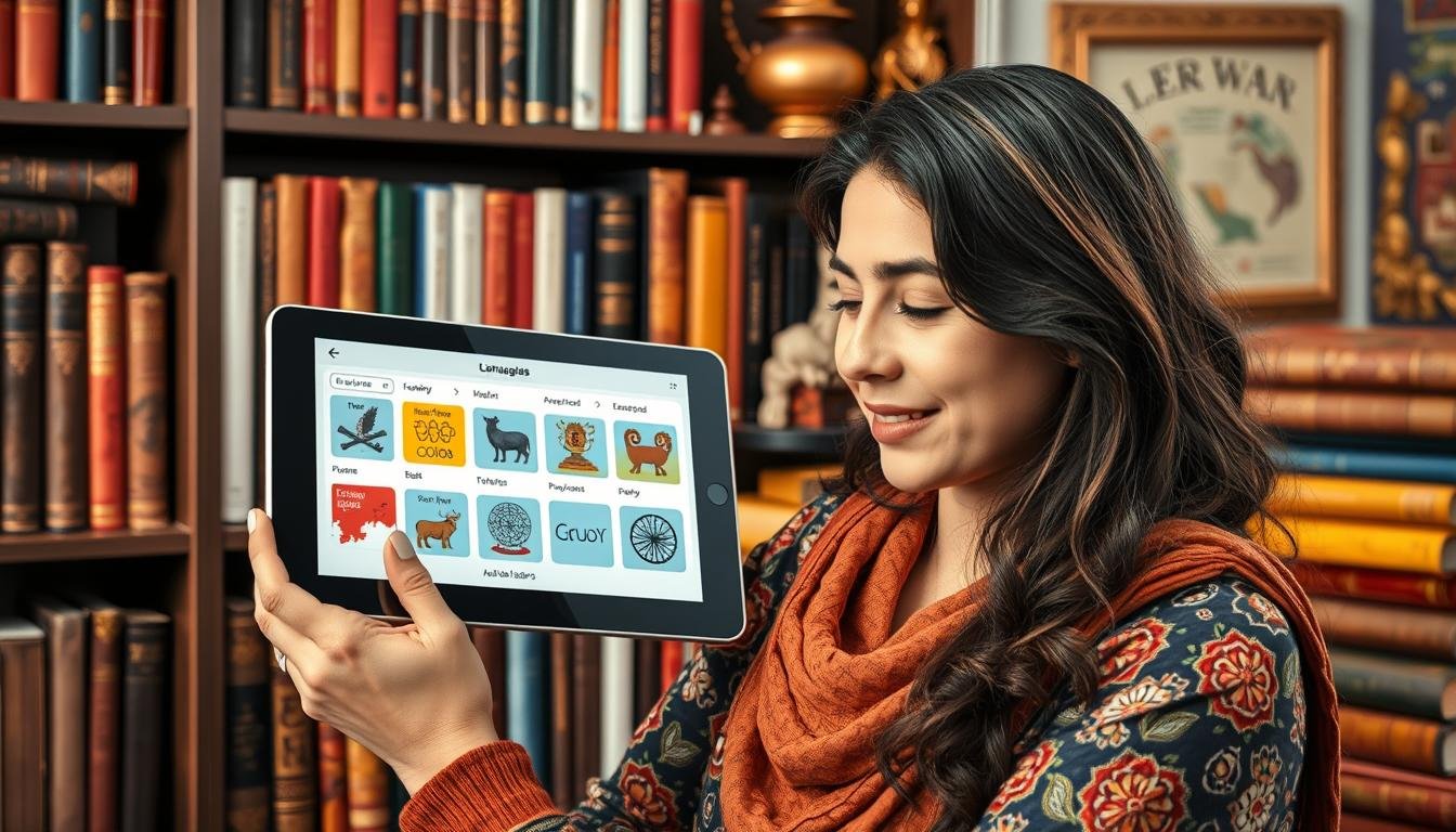 Generate An Image Of A Woman Using A Tablet With A Language Learning App Open, Surrounded By Books And Cultural Artifacts.