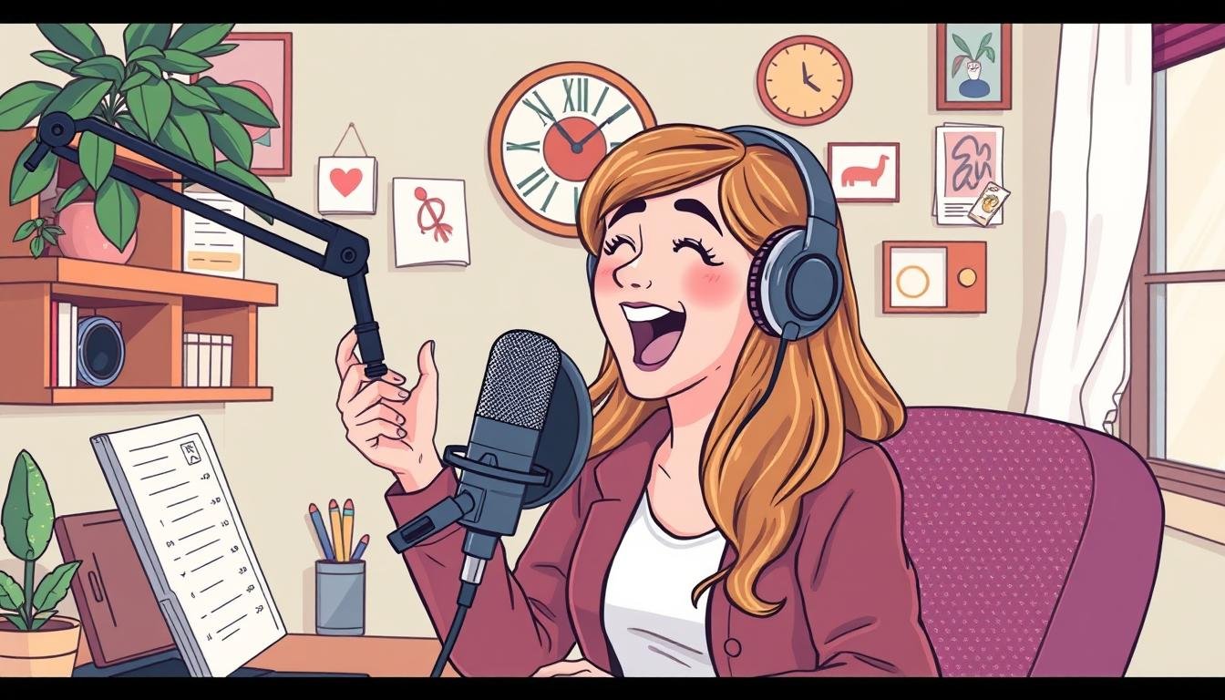 Image Of A Woman Recording A Podcast In A Home Studio With A Microphone And Headphones.