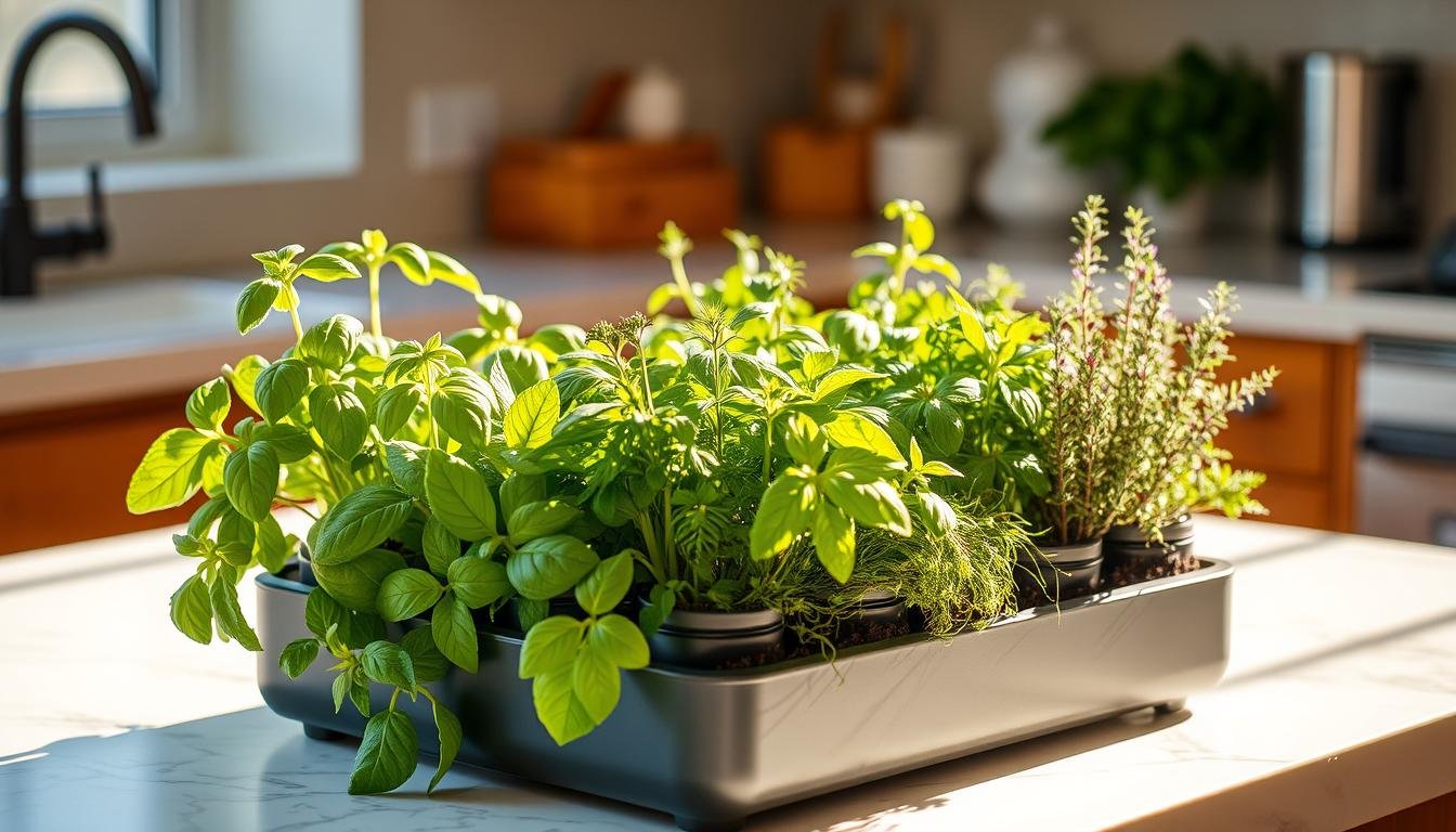 An Image Of A Compact Indoor Herb Garden Kit On A Kitchen Counter.