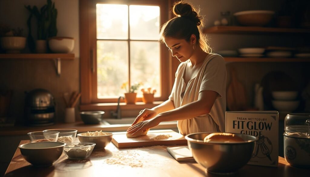 A Cozy Kitchen Bathed In Warm, Golden Light. On The Countertop, A Woman Kneads Dough With Focused Intensity, Her Expression Serene As She Loses Herself In The Rhythmic Motions. Surrounding Her, An Array Of Baking Supplies - Flour, Mixing Bowls, And The Iconic Fit Glow Guide Cookbook. The Scent Of Fresh-Baked Bread Wafts Through The Air, Creating A Sense Of Comfort And Mindfulness. In The Background, A Window Offers A Glimpse Of A Tranquil Garden, Further Enhancing The Calming Atmosphere. This Image Embodies The Therapeutic Power Of Culinary Exploration, A Sanctuary Where The Stresses Of The Day Melt Away. A Cozy Kitchen Bathed In Warm, Golden Light. On The Countertop, A Woman Kneads Dough With Focused Intensity, Her Expression Serene As She Loses Herself In The Rhythmic Motions. Surrounding Her, An Array Of Baking Supplies - Flour, Mixing Bowls, And The Iconic Fit Glow Guide Cookbook. The Scent Of Fresh-Baked Bread Wafts Through The Air, Creating A Sense Of Comfort And Mindfulness. In The Background, A Window Offers A Glimpse Of A Tranquil Garden, Further Enhancing The Calming Atmosphere. This Image Embodies The Therapeutic Power Of Culinary Exploration, A Sanctuary Where The Stresses Of The Day Melt Away.