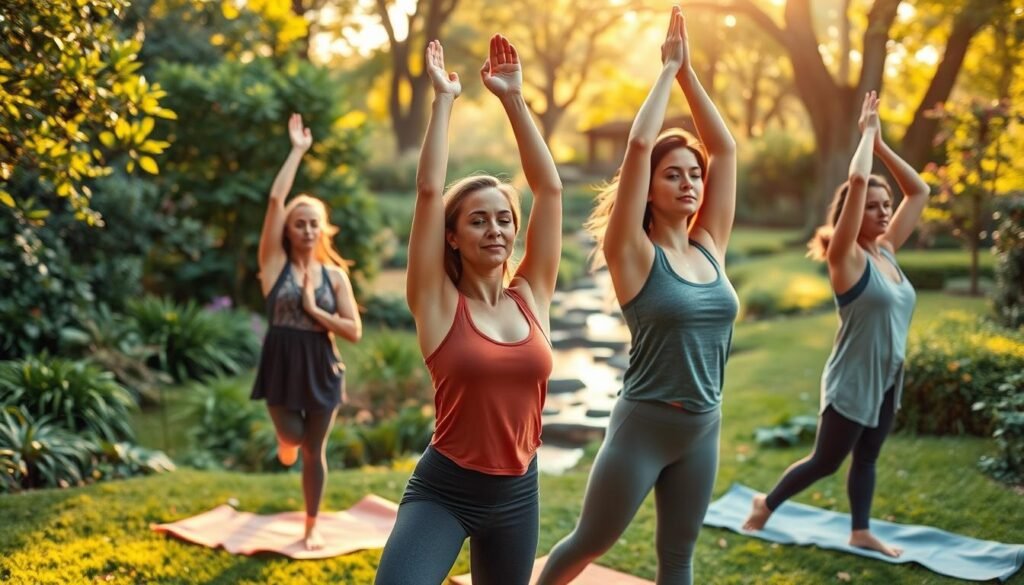 A Group Of Young Women In Their 20S Practicing Various Yoga Poses In A Tranquil, Lush Garden Setting. Warm Afternoon Sunlight Filters Through The Trees, Casting Soft, Diffuse Lighting On Their Serene Expressions. They Are Dressed In Comfortable, Flexible Athletic Wear In Soothing Earth Tones. In The Background, A Small, Meandering Creek Adds A Gentle, Calming Ambiance. The Scene Conveys A Sense Of Mindfulness, Inner Peace, And The Rejuvenating Benefits Of Incorporating A Regular Yoga Practice Into One'S Mental Health Routine. Fit Glow Guide
