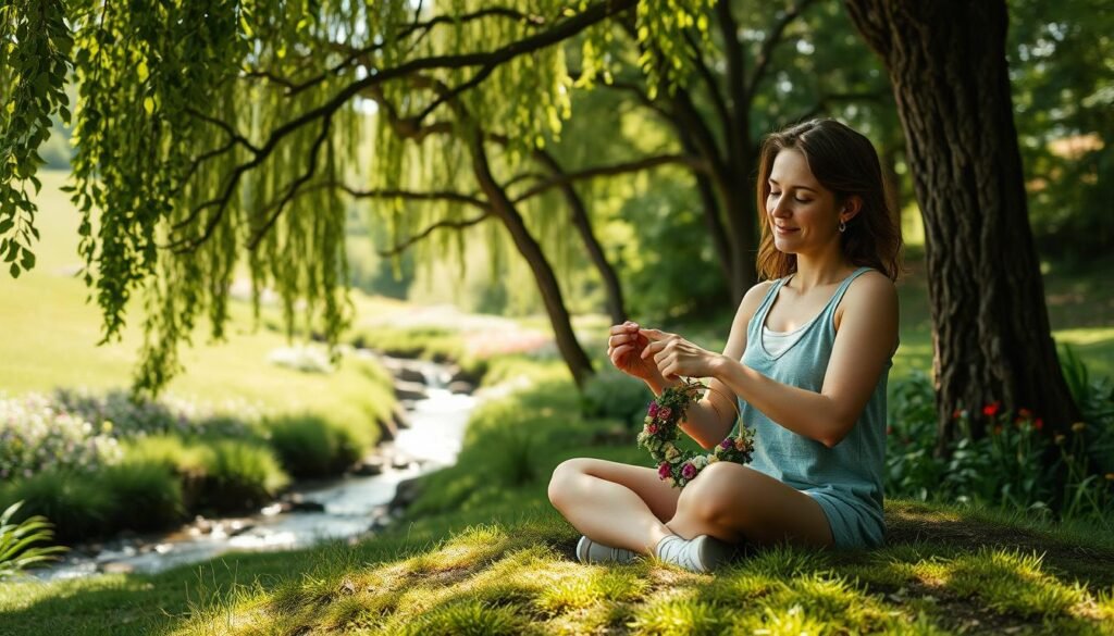 A Lush, Verdant Garden Setting With A Woman Peacefully Engaged In A Nature-Inspired Hobby. In The Foreground, She Sits Cross-Legged On A Soft, Mossy Patch, Her Hands Skillfully Weaving A Intricate Floral Wreath. Dappled Sunlight Filters Through The Canopy Of Towering Trees, Casting A Warm, Serene Glow. In The Middle Ground, A Tranquil Stream Meanders, Its Gentle Sounds Providing A Soothing Soundtrack. The Background Features A Rolling, Hilly Landscape Dotted With Vibrant Wildflowers. The Woman's Expression Is One Of Deep Focus And Inner Calm. Fit Glow Guide A Lush, Verdant Garden Setting With A Woman Peacefully Engaged In A Nature-Inspired Hobby. In The Foreground, She Sits Cross-Legged On A Soft, Mossy Patch, Her Hands Skillfully Weaving A Intricate Floral Wreath. Dappled Sunlight Filters Through The Canopy Of Towering Trees, Casting A Warm, Serene Glow. In The Middle Ground, A Tranquil Stream Meanders, Its Gentle Sounds Providing A Soothing Soundtrack. The Background Features A Rolling, Hilly Landscape Dotted With Vibrant Wildflowers. The Woman's Expression Is One Of Deep Focus And Inner Calm. Fit Glow Guide