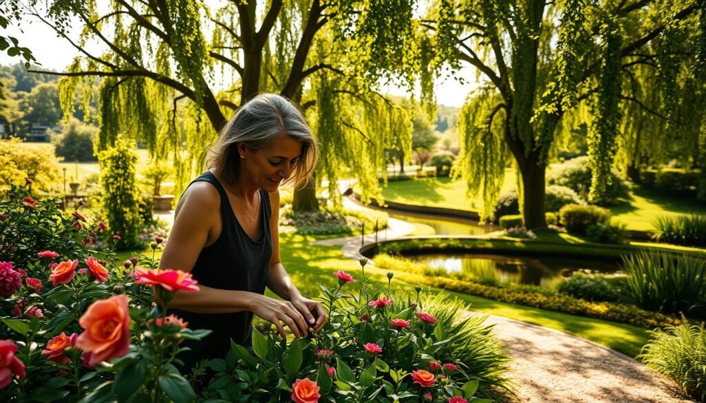 A Serene Garden Oasis Under Warm, Natural Lighting, Captured Through A Wide-Angle Lens. In The Foreground, A Woman In Her 40S Tenderly Tends To A Thriving Flower Bed, Her Hands Delicately Nurturing The Vibrant Blooms. The Middle Ground Reveals A Lush, Verdant Landscape Dotted With Towering Trees Casting Dappled Shadows. In The Background, A Winding Path Leads To A Tranquil Pond, Its Still Waters Reflecting The Fit Glow Guide Surrounding Greenery. The Overall Scene Exudes A Sense Of Rejuvenation And Connection With Nature.