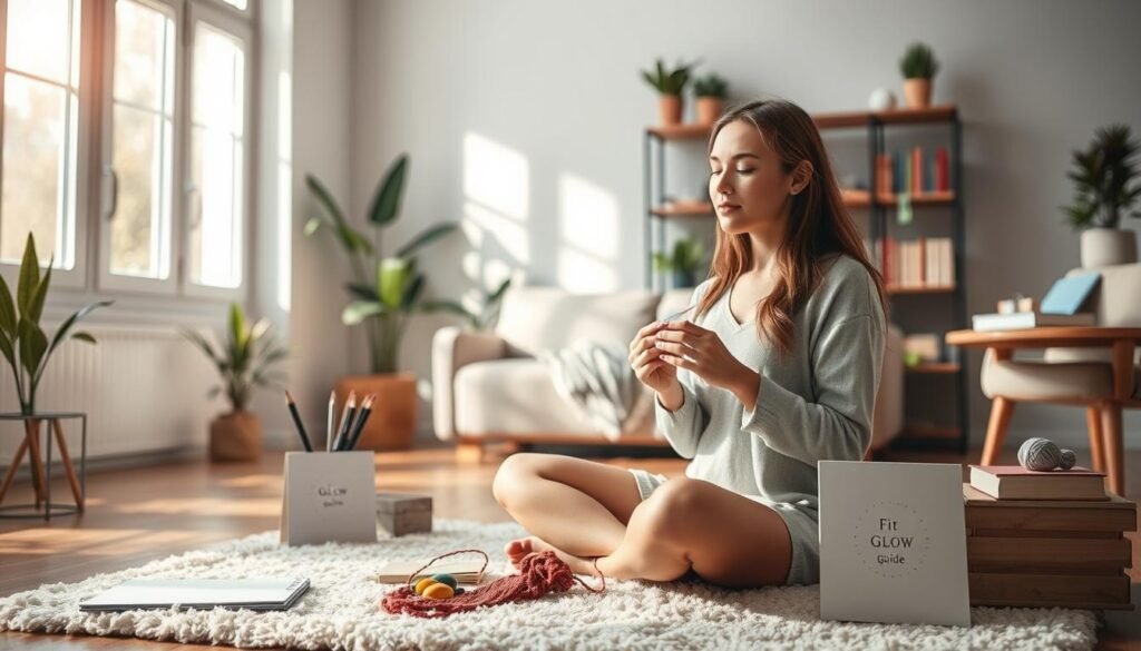 A Serene Indoor Scene With A Woman Engaged In A Relaxing Hobby. In The Foreground, A Woman Sits Cross-Legged On A Plush Rug, Her Face Peaceful As She Focuses On A Craft Project In Her Hands. Soft Natural Light Filters In Through Large Windows, Casting A Warm Glow. In The Middle Ground, Various Hobbies Are Displayed - A Sketchpad And Pencils, A Knitting Project, And A Book On A Side Table. The Background Features A Cozy Living Room With Bookshelves, Potted Plants, And A Warm, Inviting Atmosphere. The Fit Glow Guide Logo Is Subtly Present On A Decorative Item In The Scene. Calm, Meditative, And Reflective Of The Connection Between Hobbies And Anxiety Relief. A Serene Indoor Scene With A Woman Engaged In A Relaxing Hobby. In The Foreground, A Woman Sits Cross-Legged On A Plush Rug, Her Face Peaceful As She Focuses On A Craft Project In Her Hands. Soft Natural Light Filters In Through Large Windows, Casting A Warm Glow. In The Middle Ground, Various Hobbies Are Displayed - A Sketchpad And Pencils, A Knitting Project, And A Book On A Side Table. The Background Features A Cozy Living Room With Bookshelves, Potted Plants, And A Warm, Inviting Atmosphere. The Fit Glow Guide Logo Is Subtly Present On A Decorative Item In The Scene. Calm, Meditative, And Reflective Of The Connection Between Hobbies And Anxiety Relief.