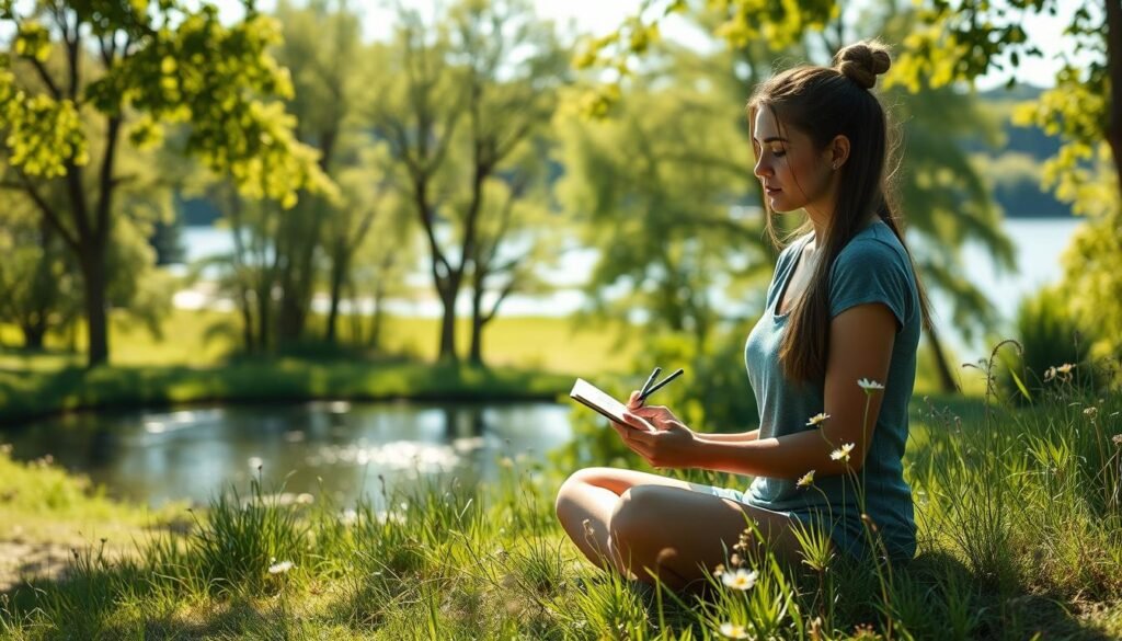 A Serene Outdoor Scene Of A Young Woman In Her 20S Mindfully Engaged In A Nature-Based Hobby. In The Foreground, She Sits Cross-Legged On A Grassy Knoll, Her Face Calm And Contemplative As She Sketches The Wildflowers Surrounding Her. Dappled Sunlight Filters Through The Lush, Verdant Trees In The Middle Ground, Casting A Warm, Golden Glow. In The Distance, A Tranquil Lake Reflects The Azure Sky, Its Gentle Ripples Mirroring The Woman'S Sense Of Inner Peace. The Overall Atmosphere Is One Of Tranquility, Introspection, And A Deep Connection To The Natural World. Fit Glow Guide.