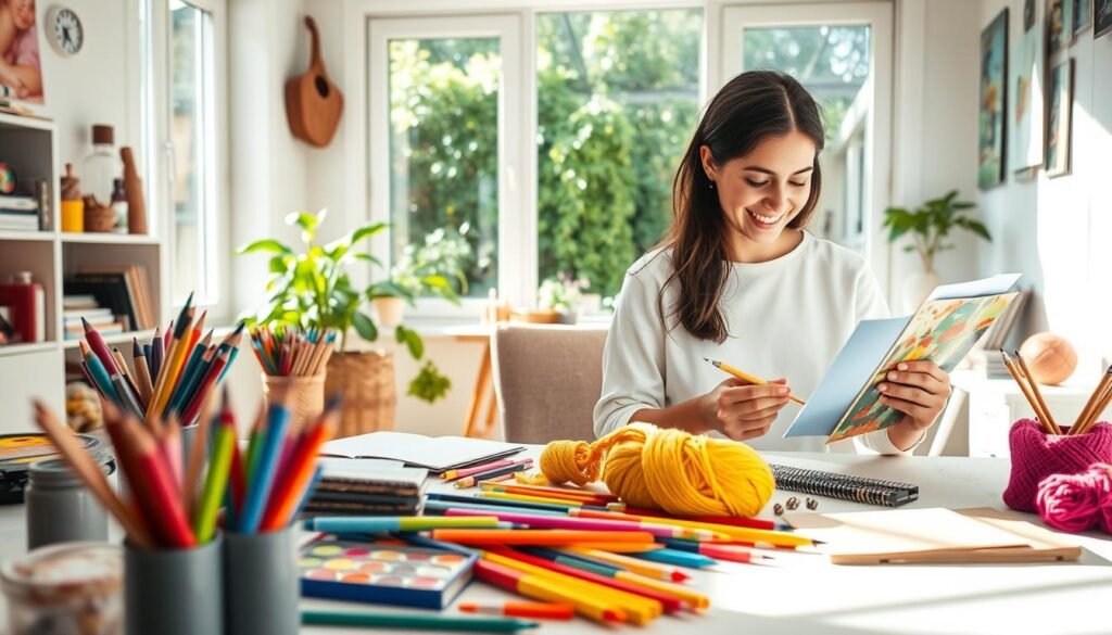 A Serene, Well-Lit Home Studio In Natural Daylight. In The Foreground, A Vibrant Array Of Colorful Craft Supplies And Hobbies Meticulously Arranged - Paints, Pens, A Sketchpad, Knitting Needles, And A Fit Glow Guide Book. The Middle Ground Features A Young Woman, Deeply Absorbed In Her Creative Pursuits, Her Face Lit With A Sense Of Joy And Fulfillment. In The Background, A Large Window Overlooking A Lush, Verdant Garden, Adding A Calming, Natural Element To The Scene. The Overall Mood Is One Of Tranquility, Self-Expression, And The Therapeutic Power Of Finding The Right Hobby.