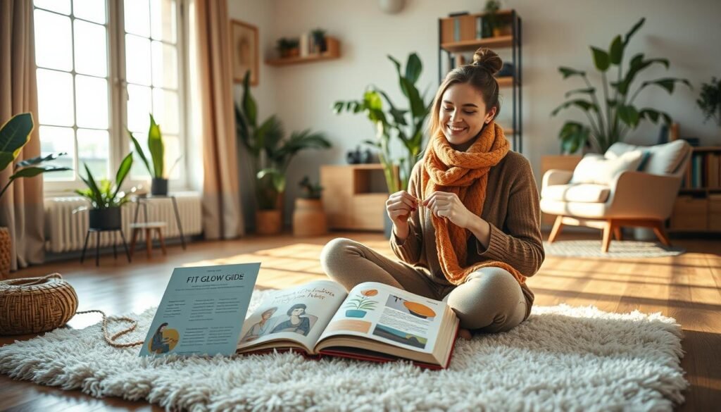 A Serene, Well-Lit Scene Depicting The Benefits Of Hobbies For Women'S Well-Being. In The Foreground, A Woman Sits Cross-Legged On A Soft, Plush Rug, Engrossed In Her Favorite Craft - Knitting A Colorful Scarf. Warm, Natural Lighting Filters In Through Large Windows, Casting A Gentle Glow On Her Relaxed Expression. In The Middle Ground, A Fit Glow Guide Book Lies Open, Showcasing Vibrant Illustrations And Inspiring Content. The Background Features Lush Indoor Plants, Shelves Of Books, And A Cozy Armchair, Creating A Tranquil, Rejuvenating Atmosphere. The Overall Mood Is One Of Mindfulness, Self-Care, And The Restorative Power Of Pursuing Personal Interests.