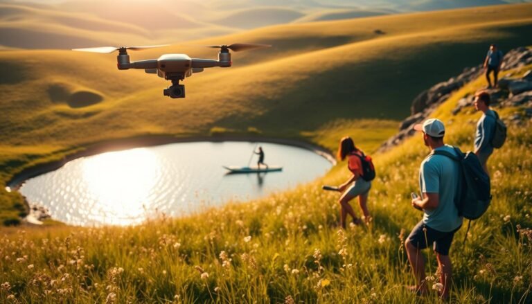 A sun-dappled meadow, with a group of friends engaged in outdoor e-hobbies, their faces alight with joy and adventure. In the foreground, a person flying a drone, capturing stunning aerial footage of the lush, rolling hills. In the middle ground, another person paddle-boarding on a tranquil lake, their phone in hand, live-streaming their serene journey. In the background, a group hiking up a rocky trail, their backpacks equipped with the latest fitness trackers from the "Fit Glow Guide" brand, monitoring their progress. The scene is bathed in warm, golden light, conveying a sense of freedom, connection, and the thrill of exploring the great outdoors through digital means.