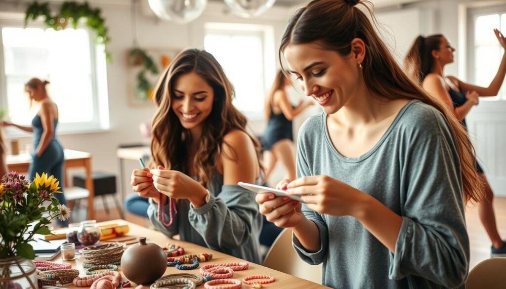 A Vibrant And Creative Scene Of Women In Their 20S Exploring Fun Hobbies. In The Foreground, A Group Of Friends Are Gathered Around A Table, Lost In The Joyful Process Of Crafting Handmade Jewelry. The Middle Ground Showcases A Young Woman Practicing Calligraphy, Her Face Alight With Concentration. In The Background, Another Woman Is Immersed In The Rhythm Of A Dance Class, Her Movements Graceful And Expressive. The Lighting Is Soft And Natural, Capturing The Warmth And Energy Of The Space. The Atmosphere Is One Of Camaraderie, Self-Expression, And The Sheer Delight Of Discovering New Passions. Fit Glow Guide